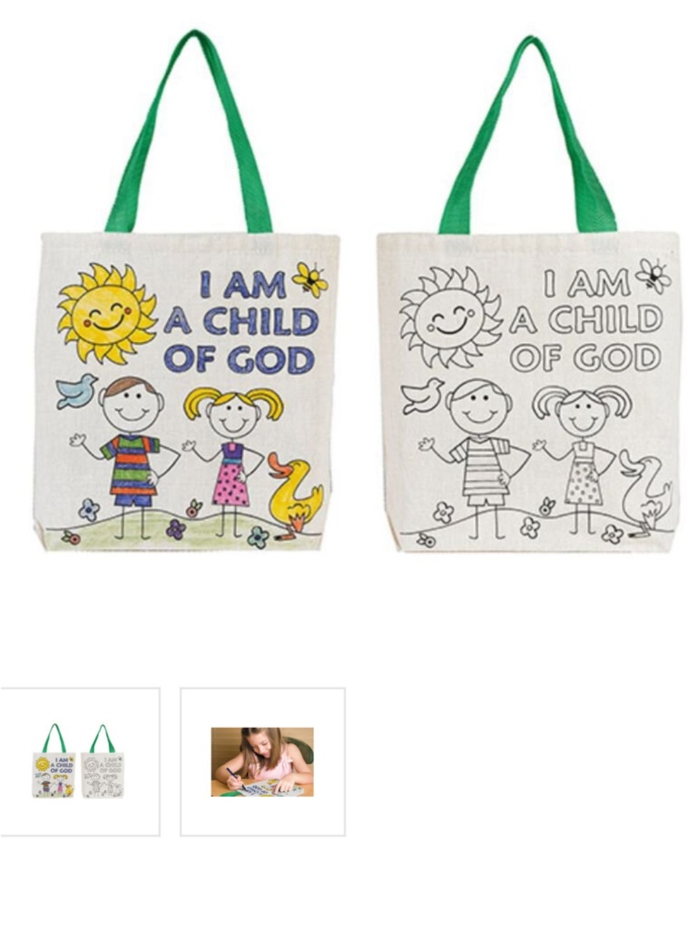 Kids' 'I Am a Child of God' Reusable Tote Bag - Green Handles Color your own new